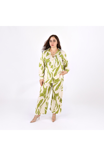 LINELLE طقم بنطلون نسائي منسق - قميص مطبوع وبنطلون بأكمام طويلة.