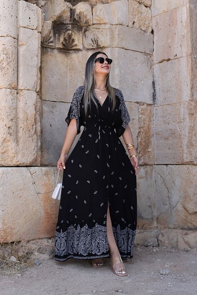 bytugcekaya Rochie neagră cu model șal cu talie elastică