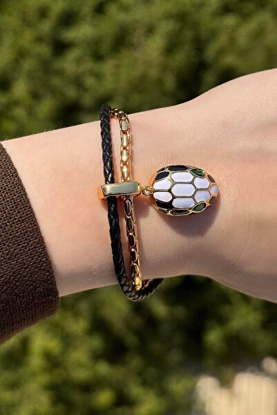 TAKIŞTIR Black Color Snake Figured Metal Leather Bracelet