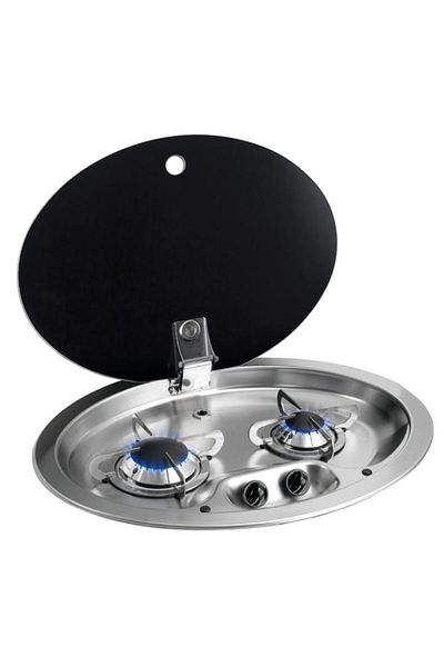 CAN Plita inox cu 2 arzatoare cu capac din sticla colorata 510x390 mm,