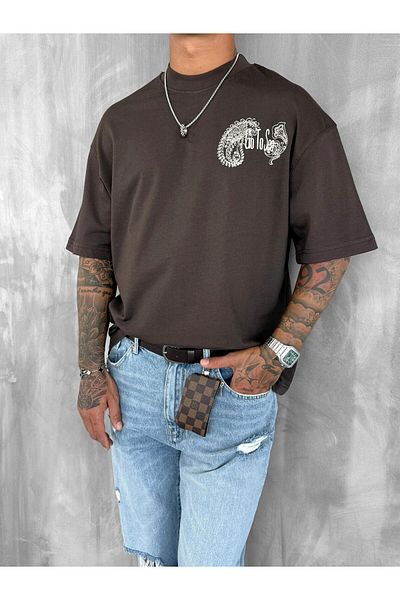 ablukaonline Tricou oversize brodat cu model de navigație pentru bărbați, maro