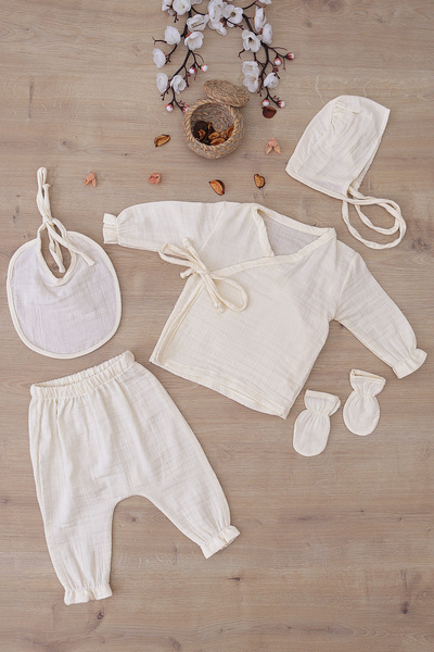 Sitilin Muslin 5-Piece Kimono Lace-Up 100% Cotton Hospital Release Newborn Baby Gift Set 7069