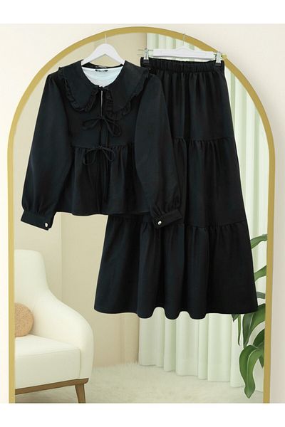 Modamorfo Lace-Up Suit with Layered Skirt - Black