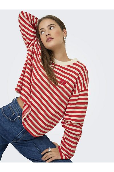 ONLY Women's Red Onllivina L/S O-Neck Stripe Top Jrs Sweatshirt 15359682-Highrisk