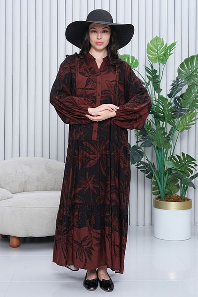 EL jadida Women's Patterned Plus Size Viscose Hijab Dress Burgundy