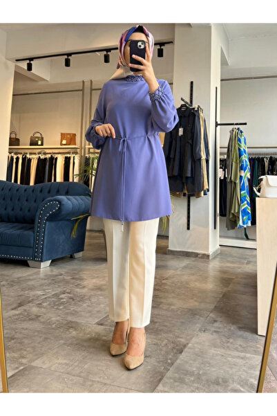 Zühre Women's Collar and Sleeve Detailed Violet Tunic B-0129