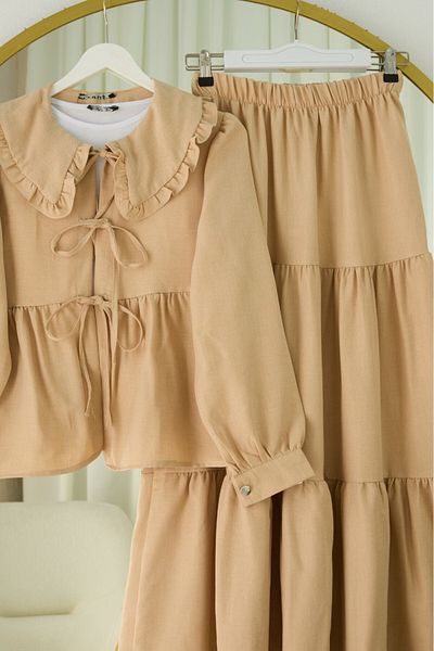 Modamorfo Lace-Up Suit with Layered Skirt - Beige
