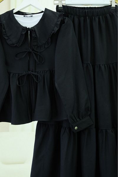 Modamorfo Lace-Up Suit with Layered Skirt - Black