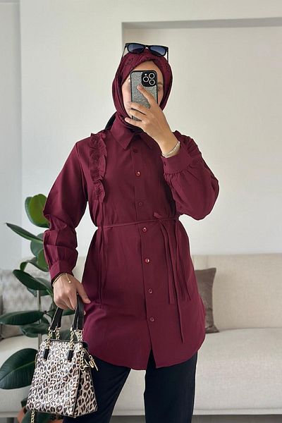 HİFADEN Women's Shoulder Ruffled Mobile Belted Hijab Shirt