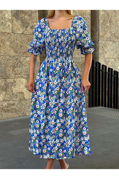 Tubik Rochie Gipeli cu model floral cu guler pătrat pentru femei