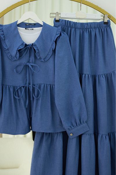Modamorfo Skirt Layer Detailed Lace up Suit -Indigo