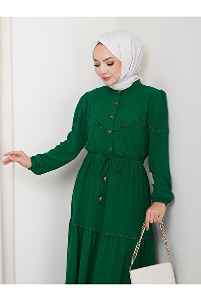 Hb Harma Time Butik Kadın Dantel Detaylı Bel Bağcıklı Yeşil Ayrobin Elbise