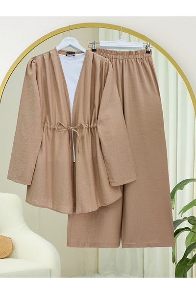 Modamorfo Kimono Suit with Tunnel Laces and Stoned Wide Leg Trousers - Mink