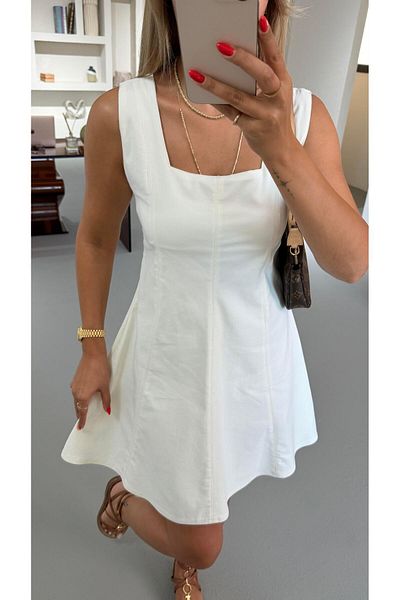 Sezgi Tekin Square Neck Ecru Denim Bell Dress