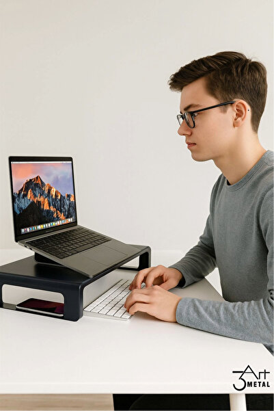 3art Metal Metal Monitör ve Laptop Yükseltici Stand – Bilgisayar Altlığı – Mat Siyah Masaüstü Organizer