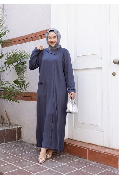Hb Harma Time Butik Women's Stone Detailed Pocket Comfortable Fit Gray Dress
