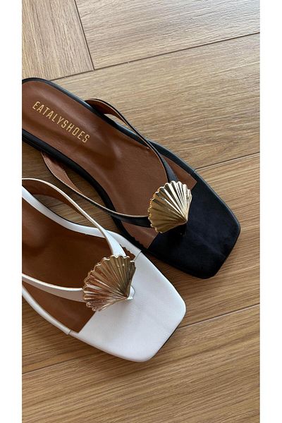 Eataly Shoes Black Skin Mussel Shell Flip Flops Flat Slippers