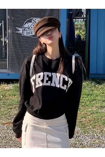 OVER HEAD Crop negru cu imprimeu francez pentru femei guler rotund Swea tricou