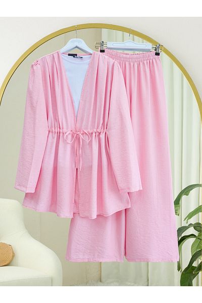 Modamorfo Kimono Suit with Tunnel Laces and Stoned Wide Leg Trousers - Pink