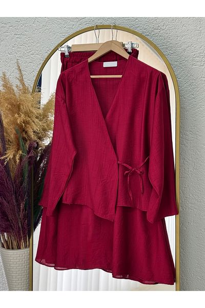 MİHRA STORE Set cu fustă kimono Serona cu căpșuni - EK556-AS079 Burgundy
