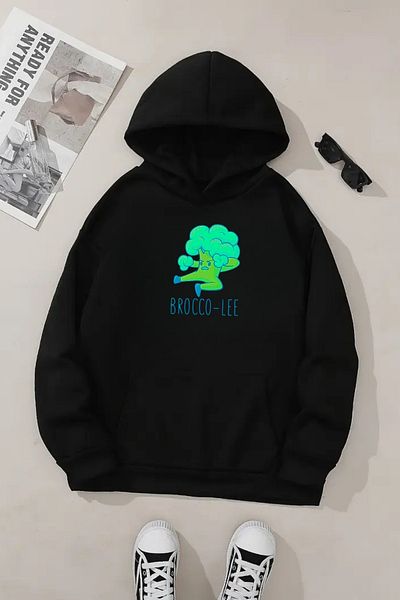 CLAYES Hanorac negru unisex cu glugă – Broco Lee imprimat, țesătură groasă