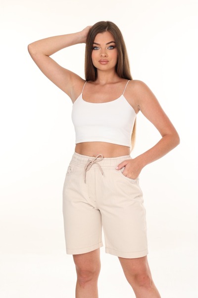 EYLÜLXXL KADIN YÜKSEK BEL BELİ LASTİKLİ ŞORT GABARDİN KUMAŞ LİKRASIZ