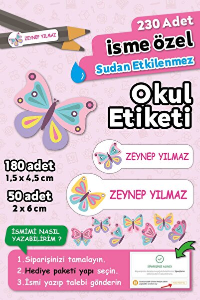 HediyeHanesi Kelebek Temalı Kişiye Özel İsimli Defter Kalem Okul Etiketi, Yır...