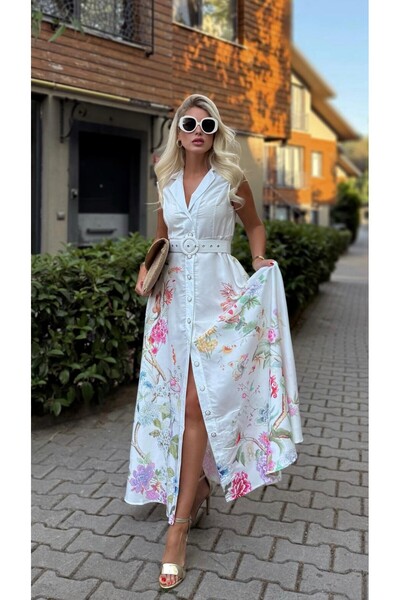 mirandalya İTALYAN KOTON ÇİÇEK DESENLİ BEYAZ UZUN ELBİSE