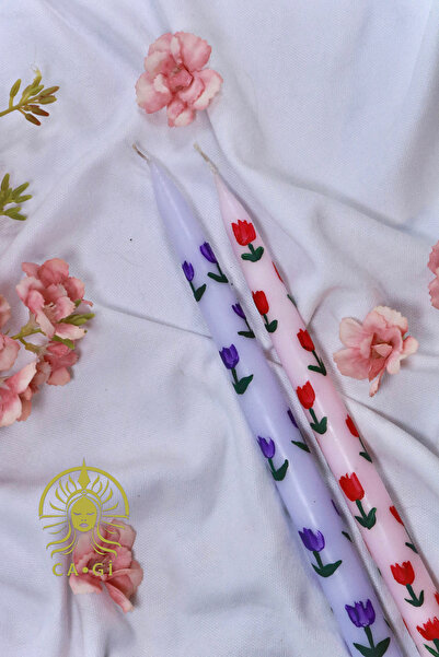 Ca.Gi %100 El Yapımı Lale/Çiçek/Buket Desenli Gold Detaylı 2Li Şamdan Mum Set...