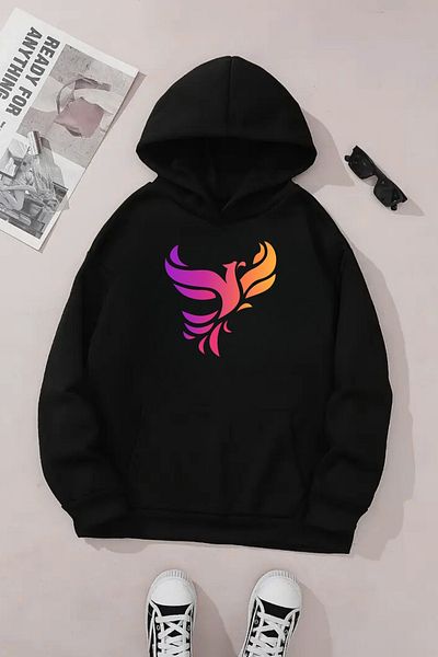 CLAYES Unisex Black Hooded Sweatshirt – Phoenix Printed, Thick Fabric with Embossing