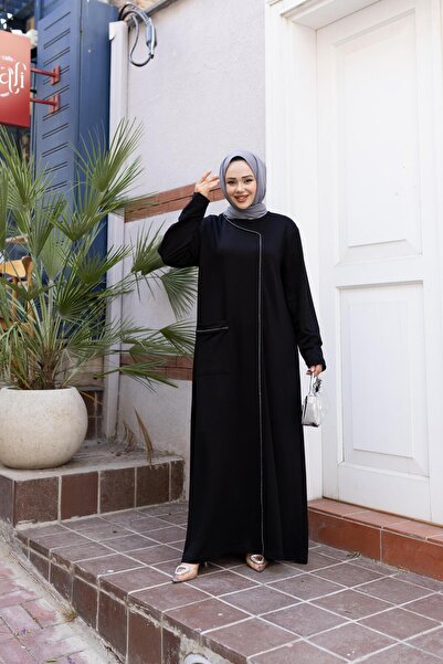 Hb Harma Time Butik Γυναικείο Μαύρο Φόρεμα με Λεπτομέρεια Πέτρας Άνετο Μορφή με Τσέπες