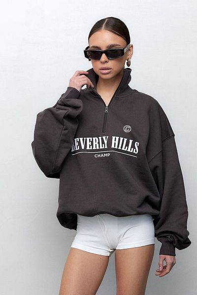 The Champ Clothing Дамски суитшърт с цип и половин яка с щампа Beverly Hills CHAMP, огромен размер – Спорт и красота