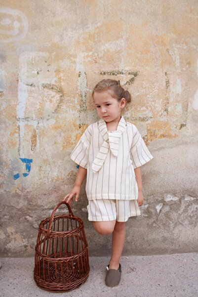 Oh La La Koala For Little Ones Khaki Striped Collar Tie-Up Bottom Top Set