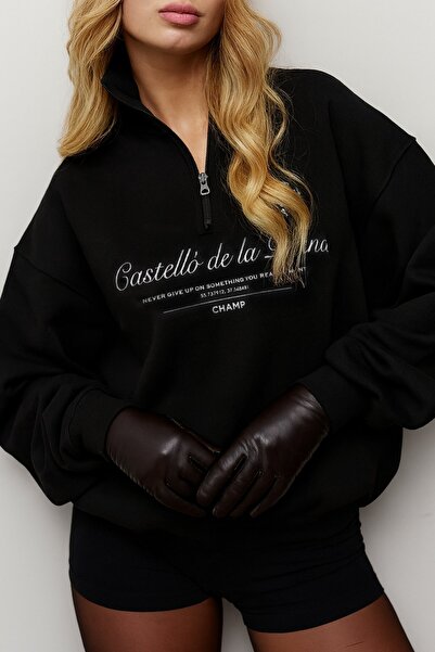 The Champ Clothing Γυναικείο φούτερ Oversize Castelló de la Plana με στάμπα μαύρο – με μισό φερμουάρ, 3 κλωστές φλις