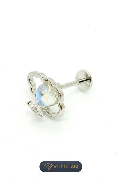 Çelik Taş Detaylı Gümüş Renk Tragus Piercing