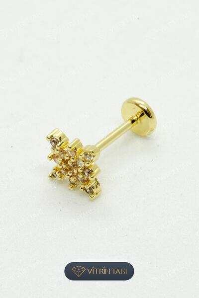 Çelik Taş Detaylı Altın Renk Tragus Piercing