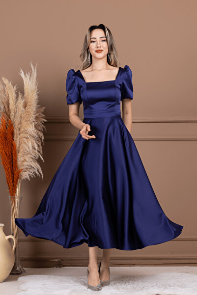 BEYBOS Saten Kumaş Kare Yaka Balon Kol Midi Elbise - LACİVERT