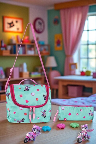 Shopiolog Girl's Primary School Orthopedic Set of 3 Pen Holder Lunch Bag with 3 Compartments Water Bottle