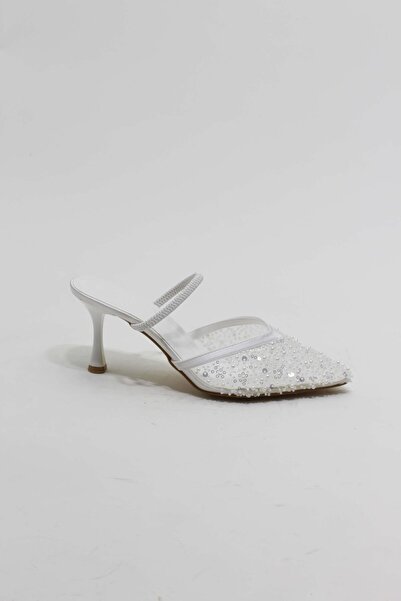 lizel HERMOSO BEYAZ RENK TÜL DETAYLI KADIN TOPUKLU AYAKKABI