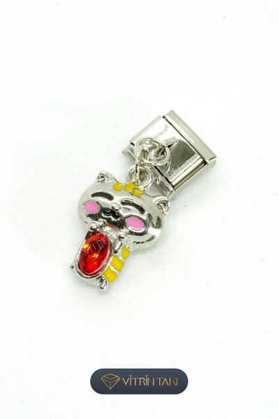 Çelik Kedi Figürlü Gümüş Renk İtalyan Bileklik Charm