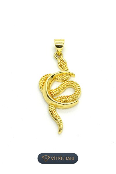 Çelik Yılan Figürlü Altın Renk Zirkon Kolye Ucu