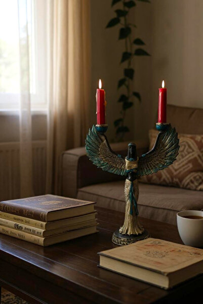 Genel Markalar Kanatları Açık Mısır İsis Şamdanı | Polyester Dekoratif Antik Mumluk 31 cm | Ev Ofis Hediyelik