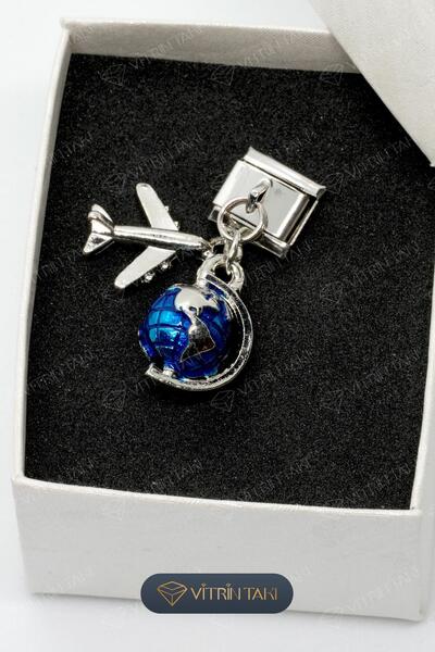 Çelik Silver Color Italian Bracelet Charm with Earth and Airplane Figures