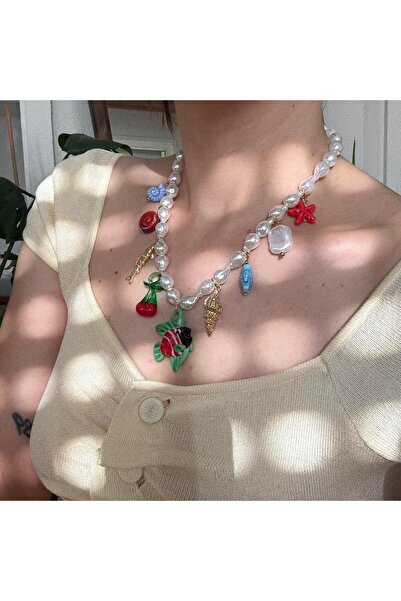 Alice İsstanbul İncili Murano Renkli Cam Balık Charmlı Kolye