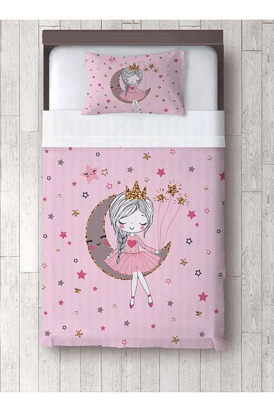 yok yok evim eve dair her şey Pink Girl Sitting on the Moon Patterned Single Pique and Pillowcase Bedspread Set