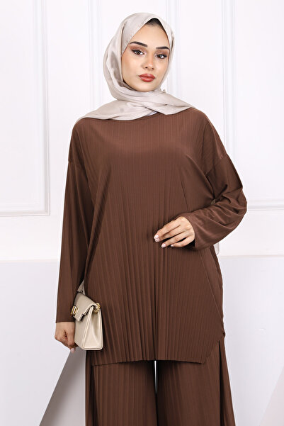 İmajButik Light Brown Pleated Sandy Tunic Trousers Set