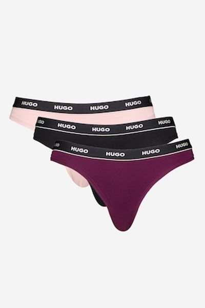 HUGO , Set de chiloți tanga cu logo - 3 perechi, Negru, Violet, Roz deschis, L