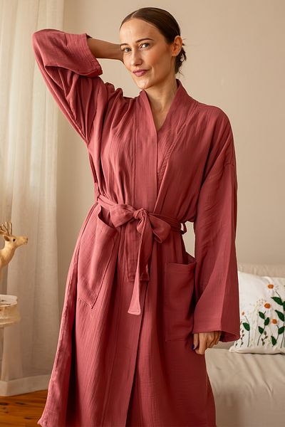vivamaison Halat de baie kimono unisex din muselină țesută 100% bumbac, țesătură respirabilă și ușoară