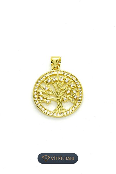 Çelik Hayat Ağacı Figürlü Altın Renk Zirkon Kolye Ucu