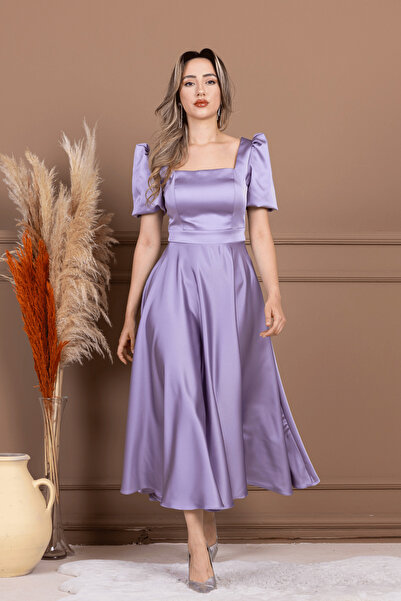 BEYBOS Saten Kumaş Kare Yaka Balon Kol Midi Elbise - LİLA